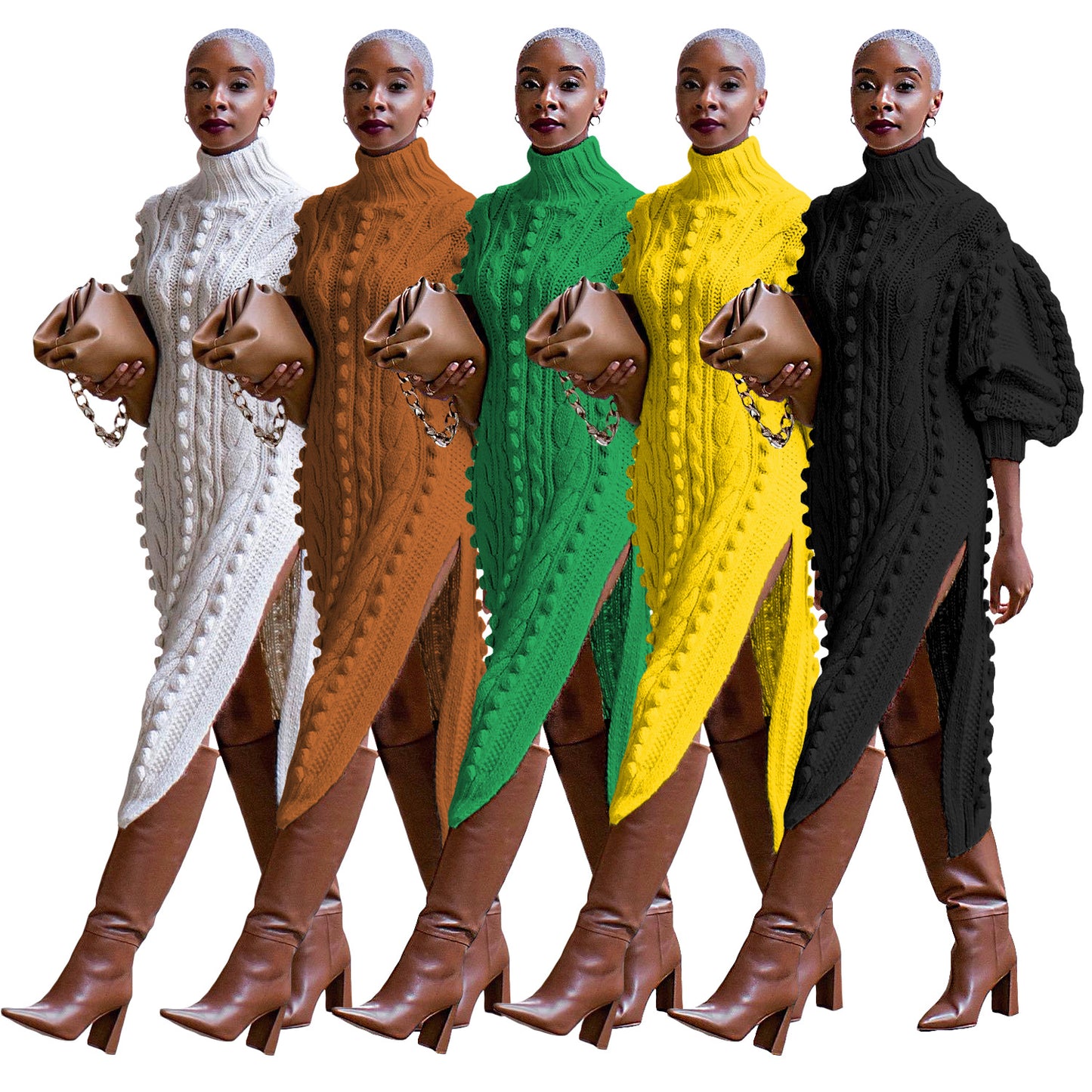 Turtleneck Slit Knitted Long Dress