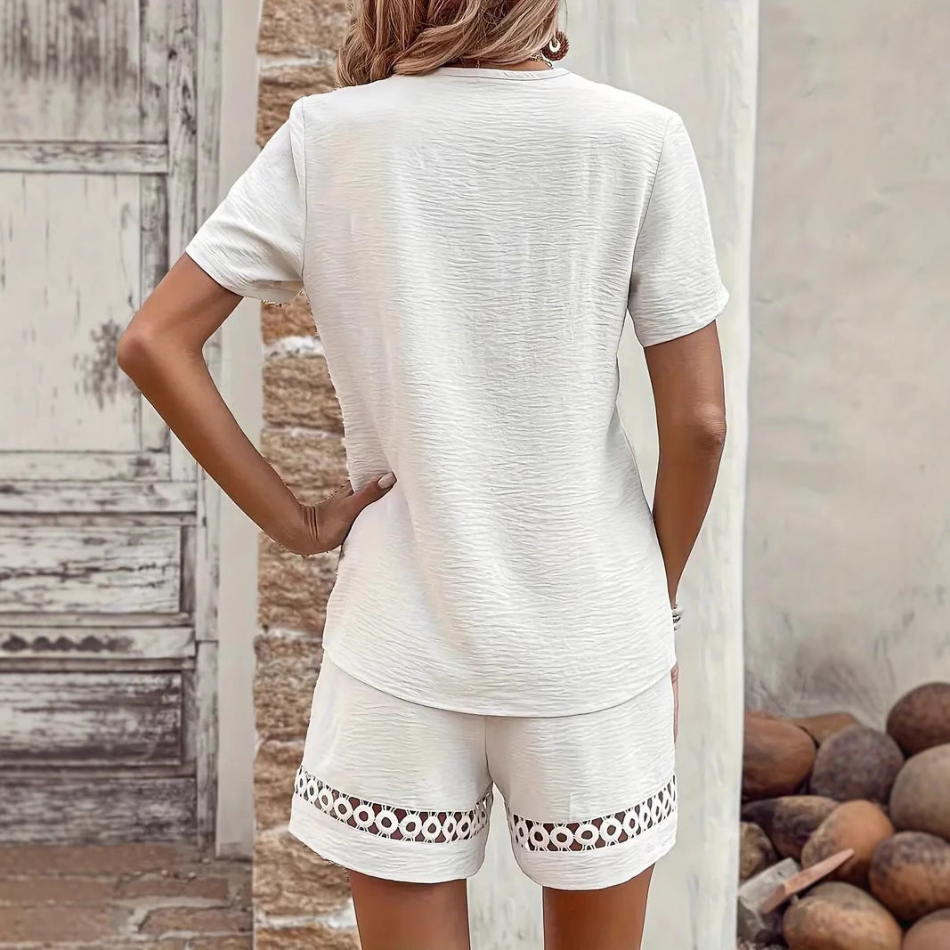 Stitching Short-Sleeve Shorts Outfit