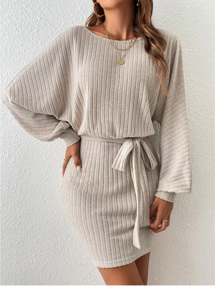 European & American Style Belt Decorative Long-Sleeve Knitted Dress