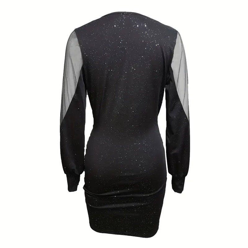 Ruched Bodycon Mesh Long-Sleeve Cocktail Dress - US Only