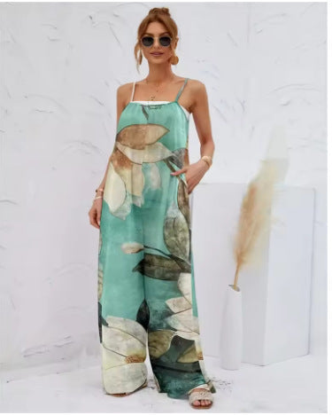 Printed Suspender Long Pants Jumpsuit