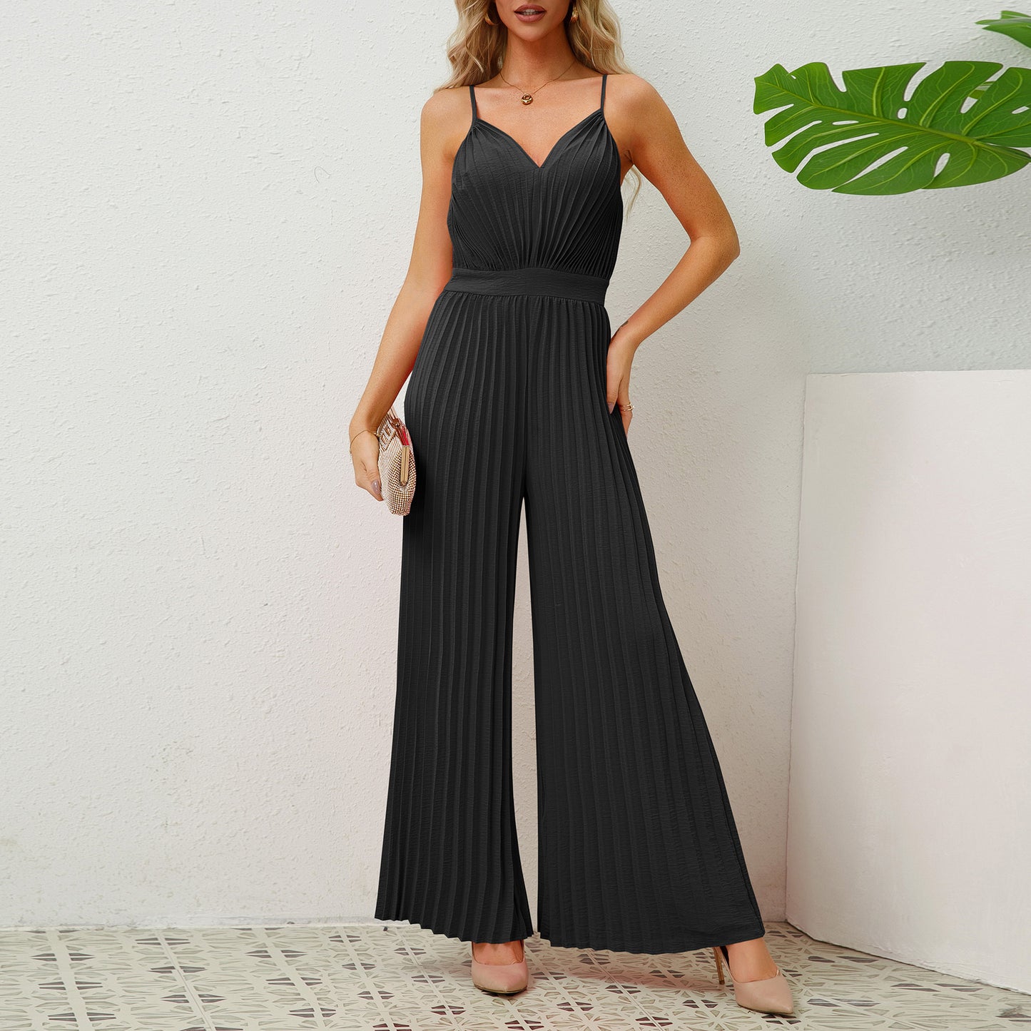 Pleated Wide-Leg Pants Jumpsuit