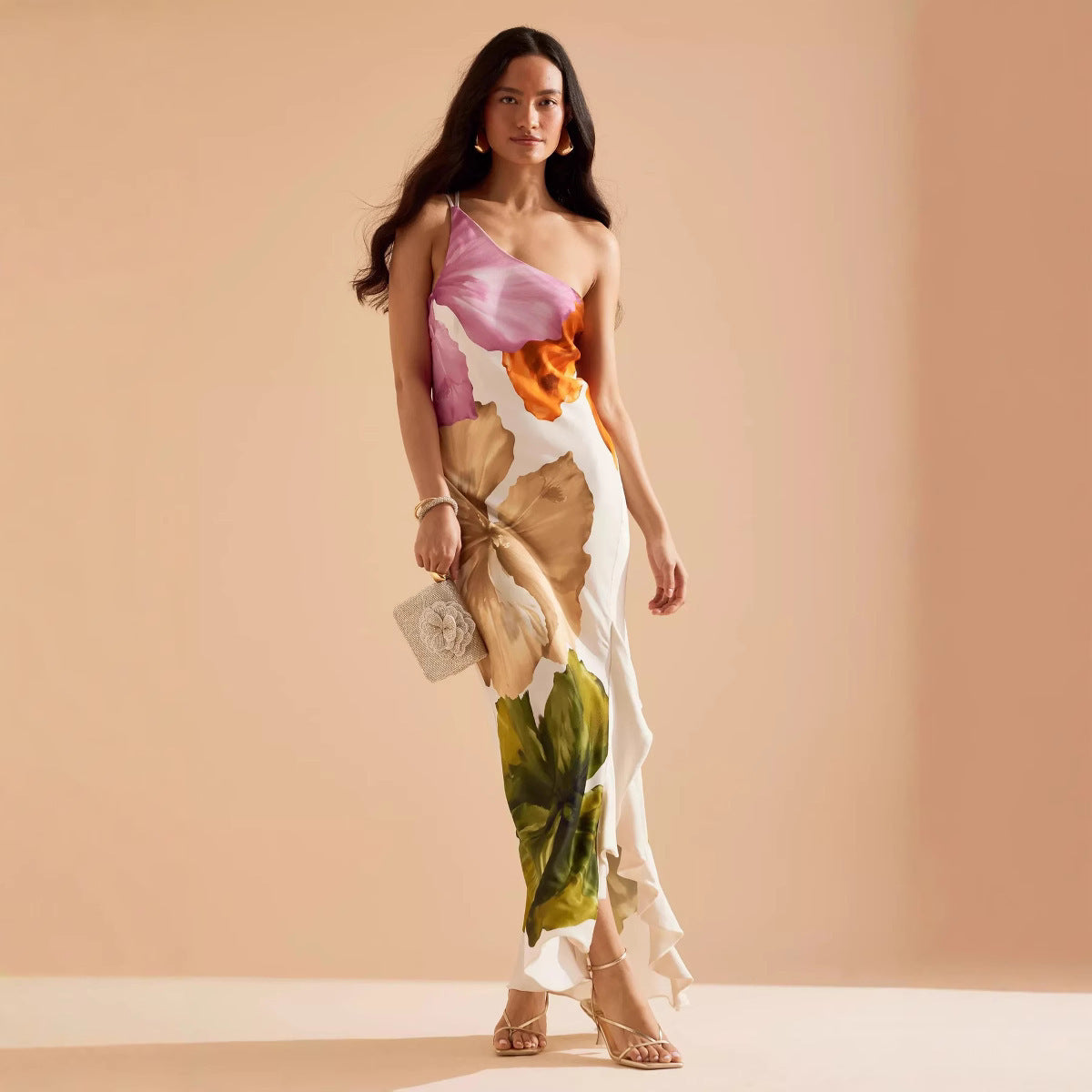 New Oblique-Shoulder Printed Dress