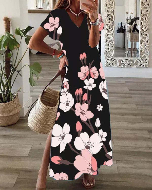 Loose Digital Print V-Neck Short-Sleeve Dress For Women
