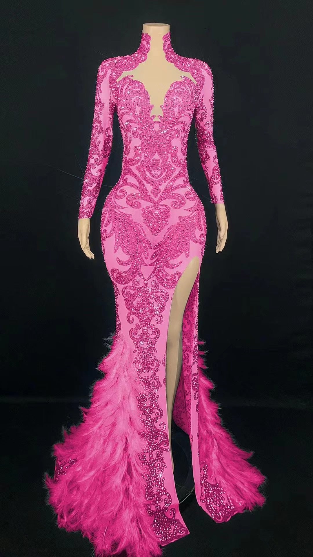 New Beaded Tight Feather Long Jumpsuit Dress