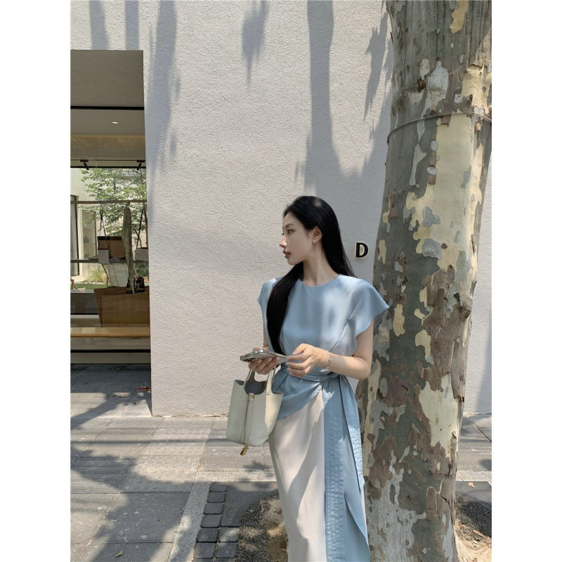 Gentle-Design Two-Piece Patchwork Cinched Tie Slim-Fit Dress
