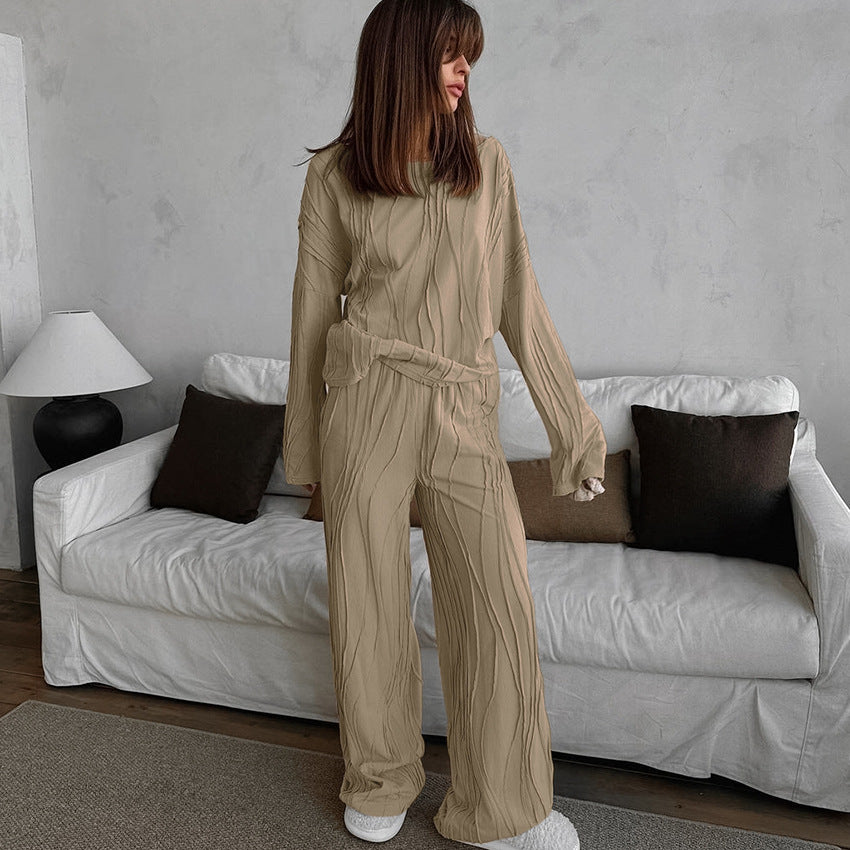 Comfortable Soft Knit Long-sleeve Top And Pants Pajama Set For Home Wear