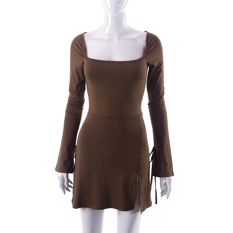 Square-Neck Long-Sleeve Split Mini Dress