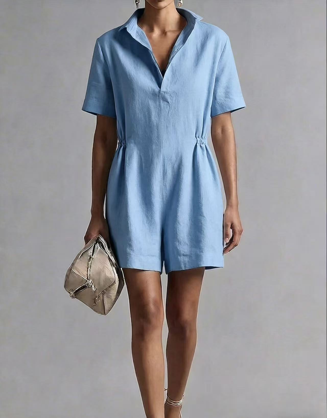 Womens Casual Long-Sleeve Lapel-Neck Split Jumpsuit