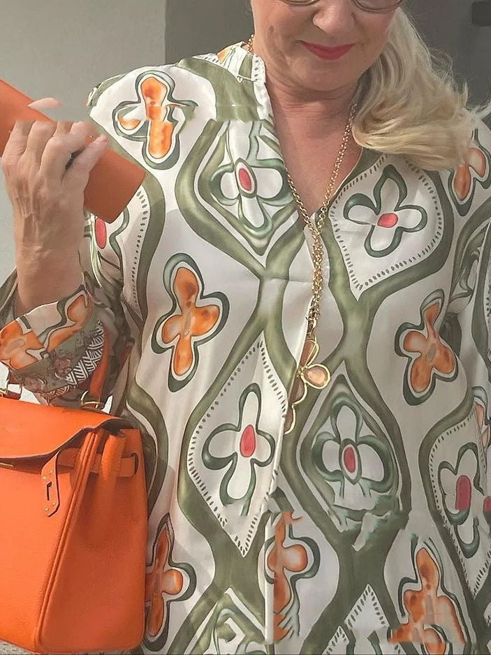 V-Neck Printed Loose Midi Dress