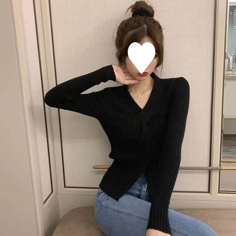 Japanese-Style V-Neck Sweater - Waist-Trimming Short Top For Women