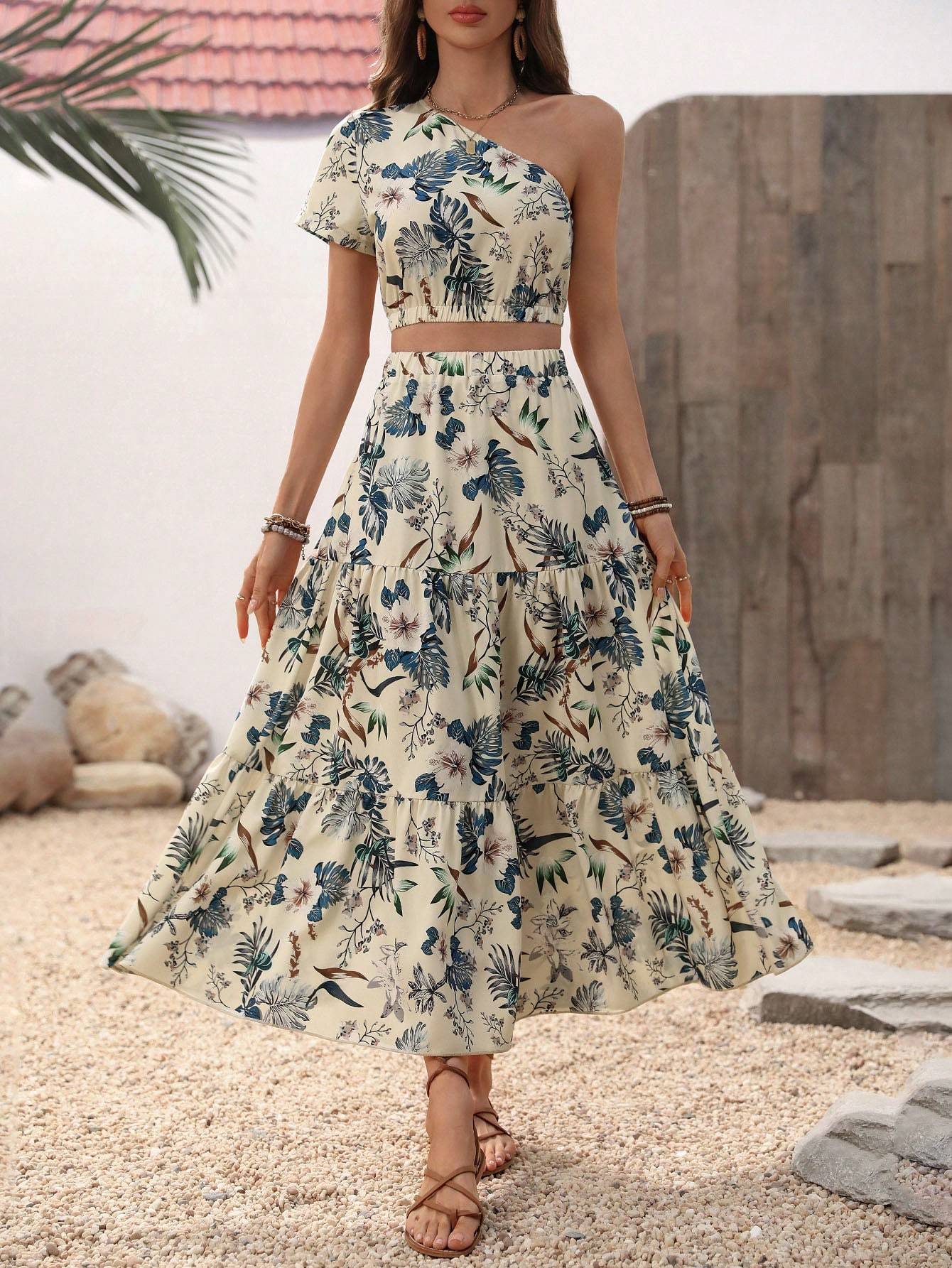 One-Shoulder Crop Top Ruffle-Hem Skirt Outfit