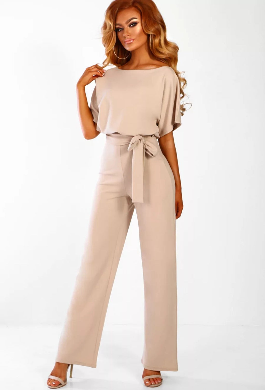 Lace-Up Button Short-Sleeve Jumpsuit