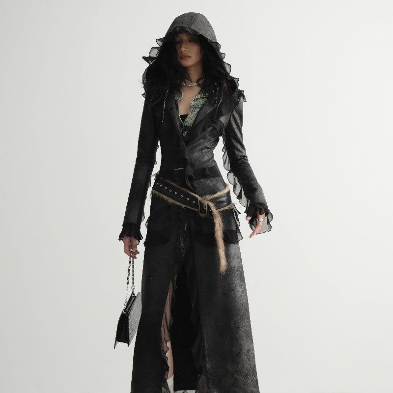 Dalian Hat Suede Slim-Fit Thin Ruffled Overlong Coat