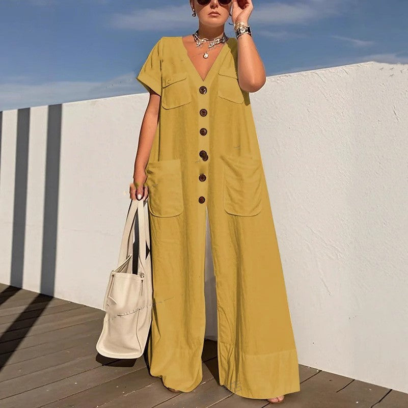 Elegant Single-Breasted Pocket Jumpsuit