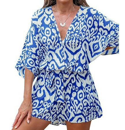 V-Neck Printed Lace-Up Bat Jumpsuit