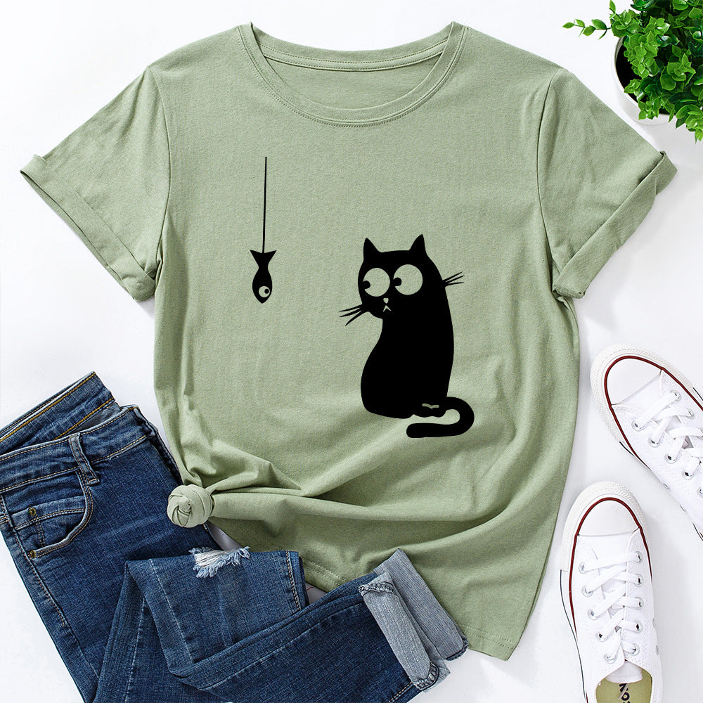 Women's Cute Cat Loose Round-Neck Cotton Short Sleeve T-Shirt