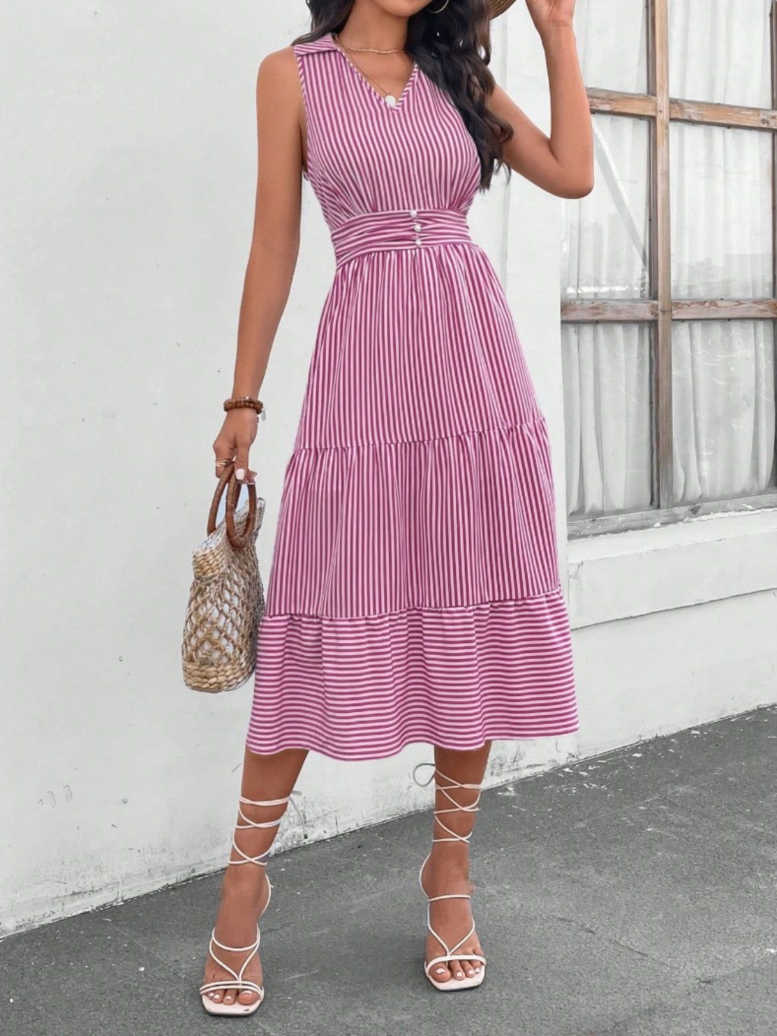 Striped Johnny Collar Sleeveless Midi Dress - US Only
