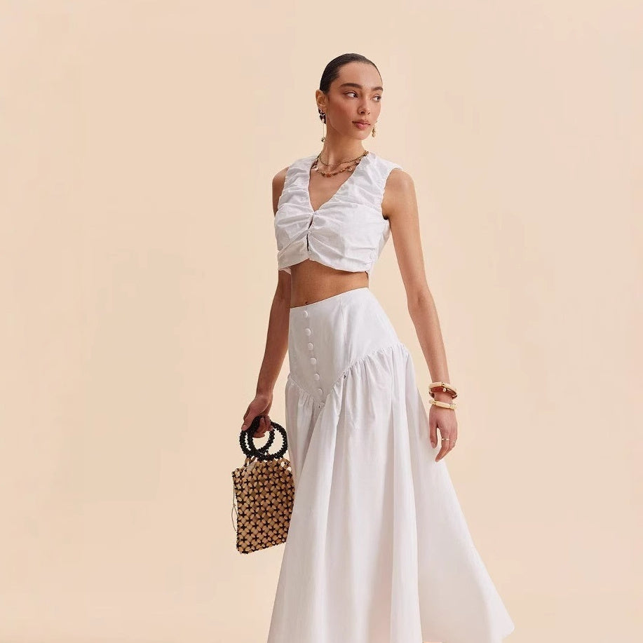 French White Stitching Clinch High-Waist Dress