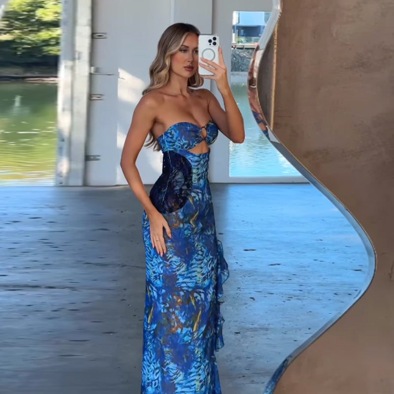 Sheer Mesh Floral Print Slit Dress