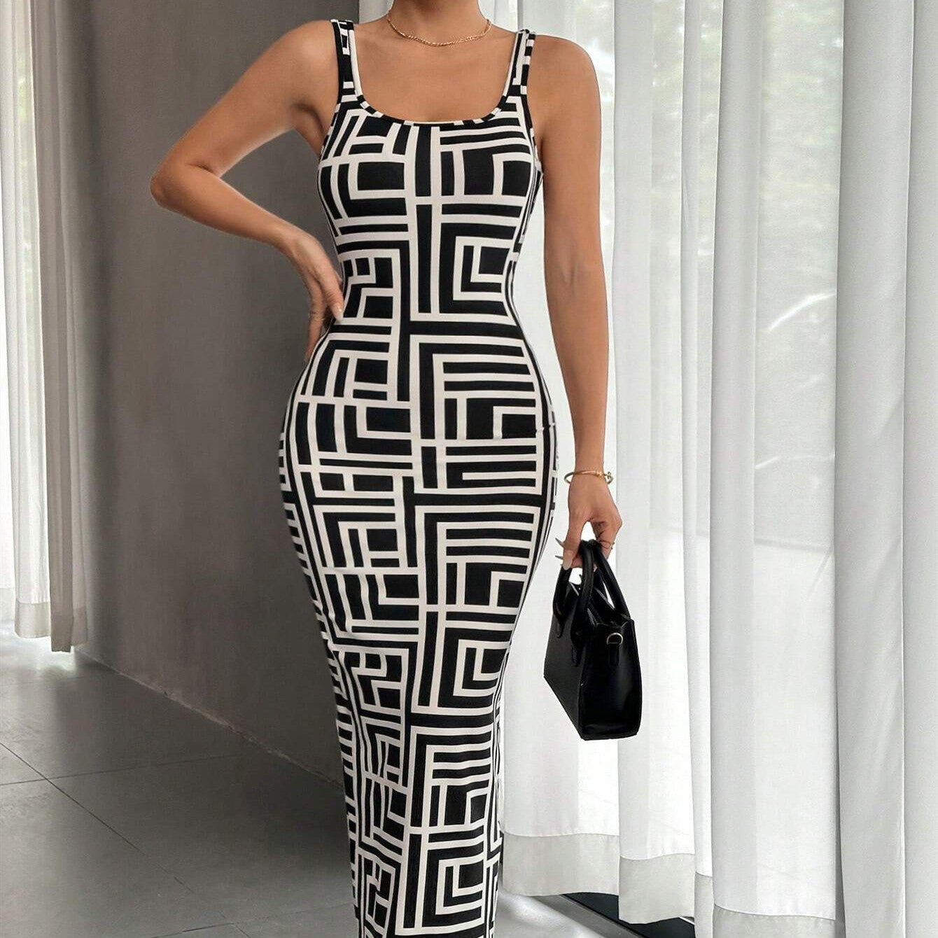 Printed Short-Sleeve Long Dress