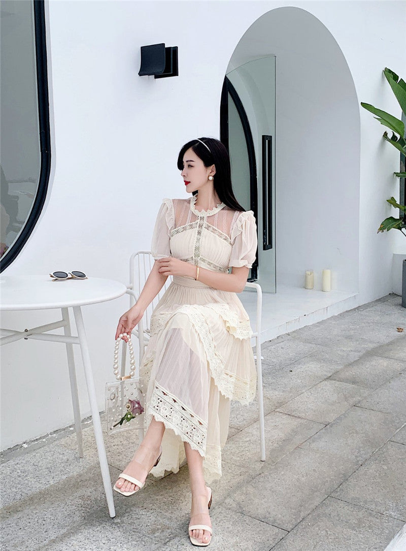 French-Style Short-Sleeved Cake-Skirt Long Dress