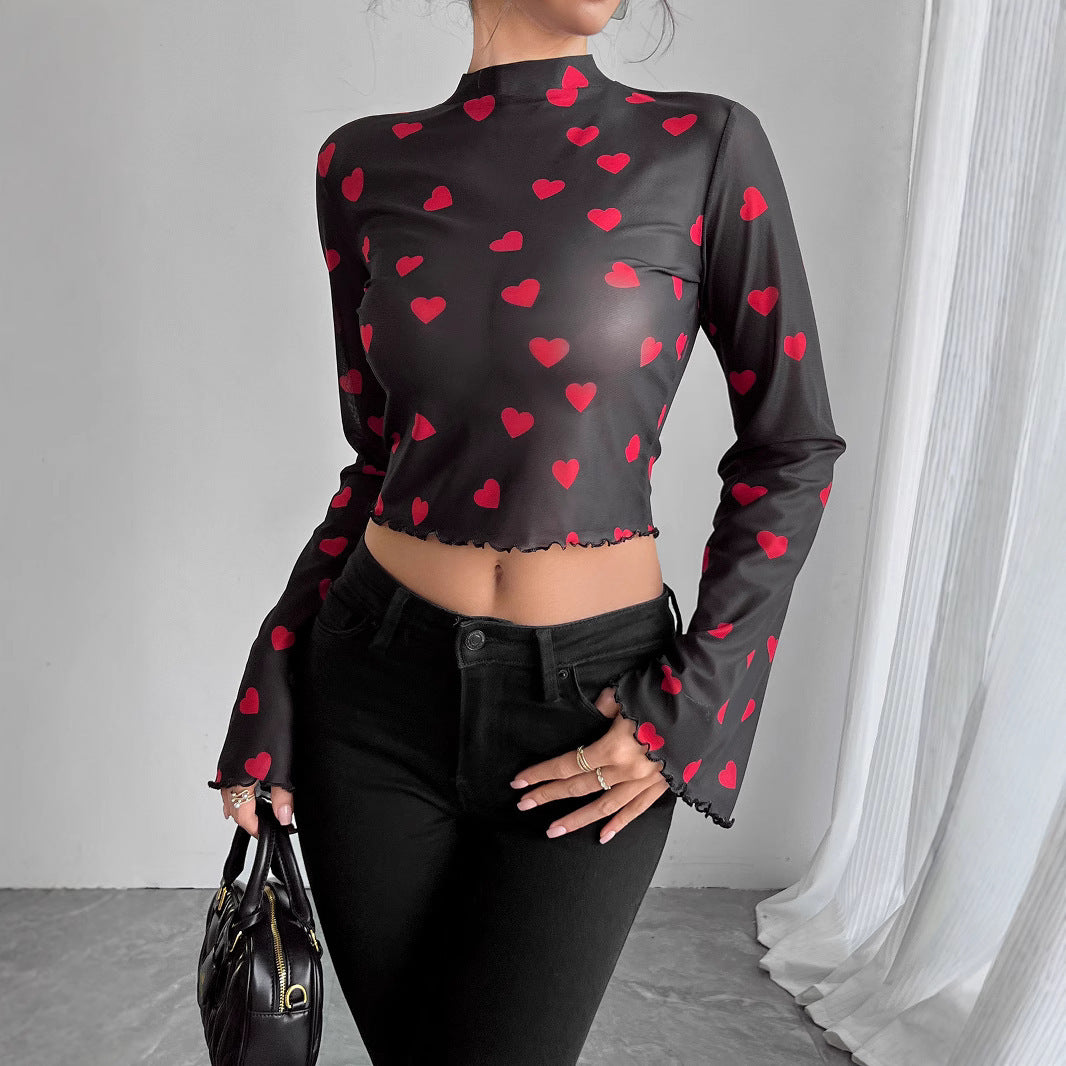 Mesh Floral Print Round-neck Flared Sleeves Long Sleeve