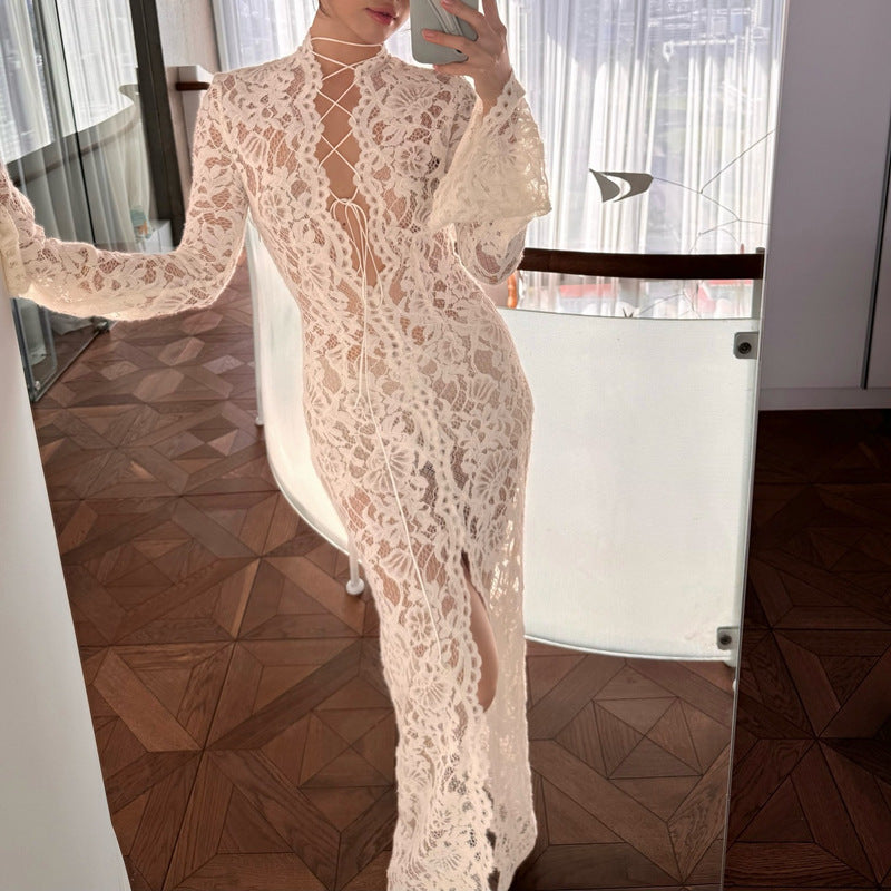 Lace-Stitching Slit Long-Sleeve Dress