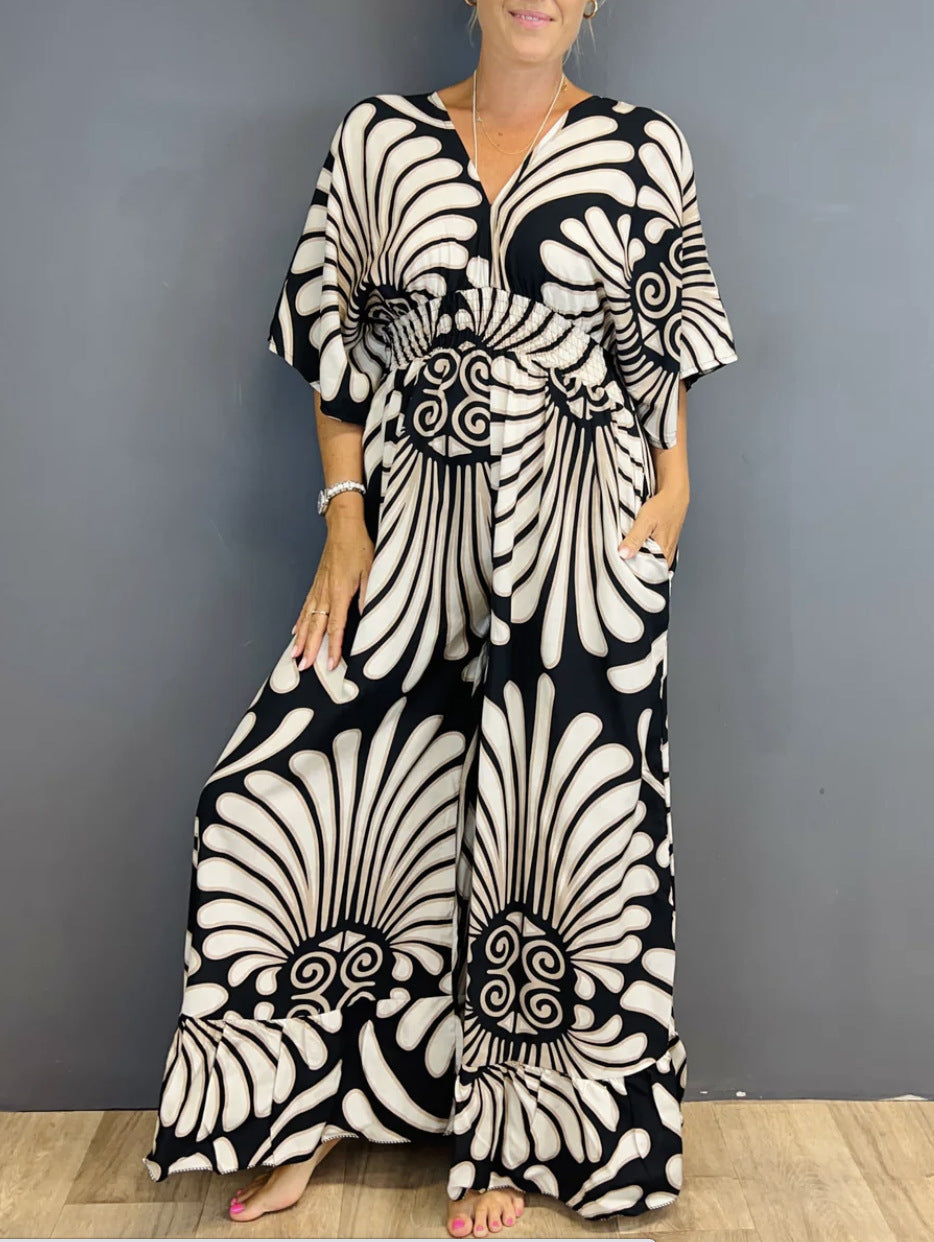 V-Neck Printed High-Waist Jumpsuit