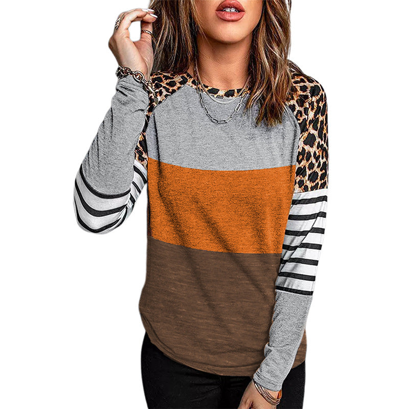 Leopard Stripe Stitching Long-Sleeved Street Hipster Top