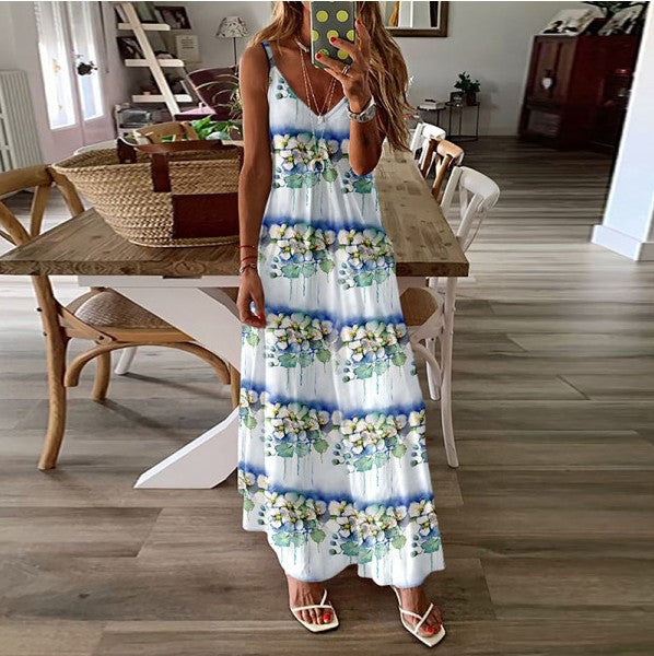 V-Neck Fashion Positioning Print Loose Strap Dress