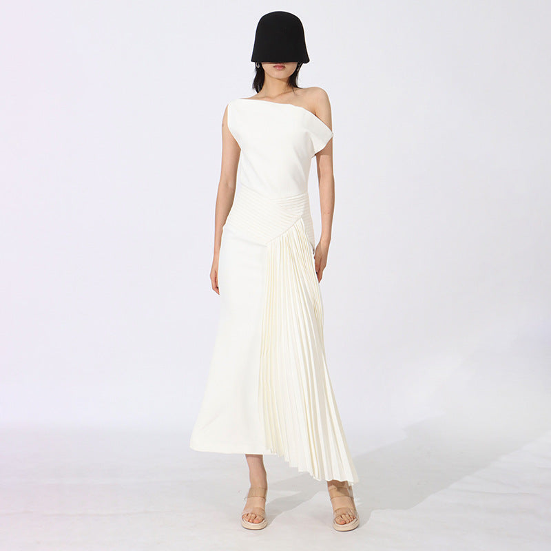 Summer New Shoulder Pleated Irregular Dinner Dress Women