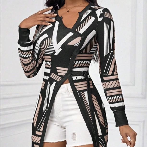 Women's Printed Waist Cinched Side-Slit Top - US Only