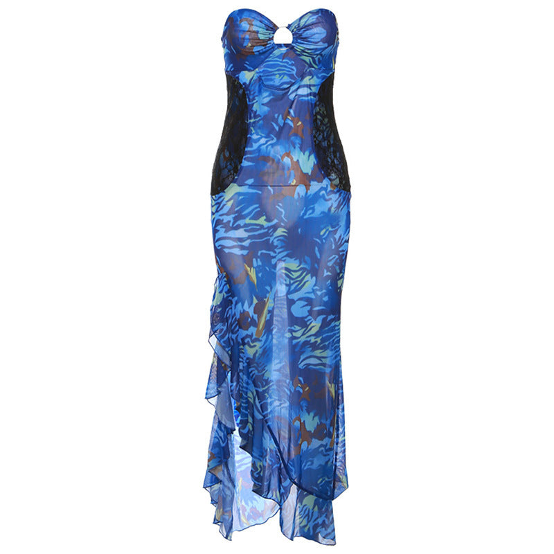 Sheer Mesh Floral Print Slit Dress