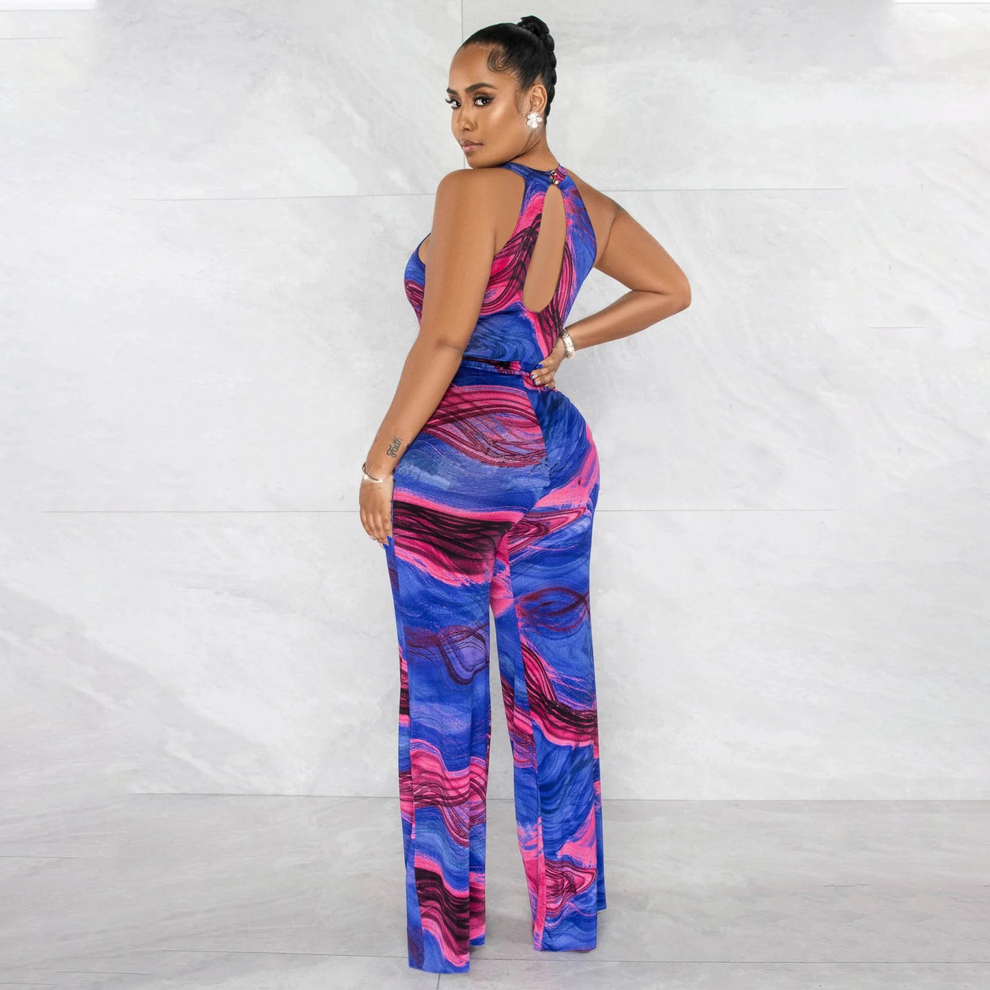 Women's Printed Sleeveless Lace-Up Jumpsuit