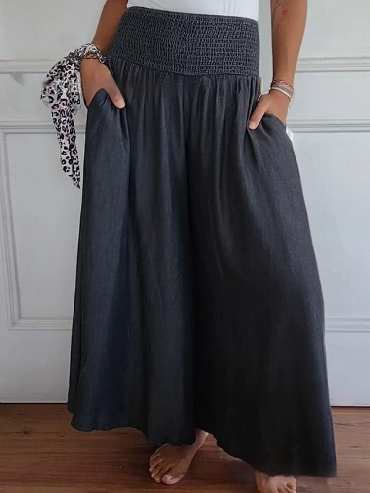High-Waist Smocking Wide-Leg Denim Trousers With Pockets