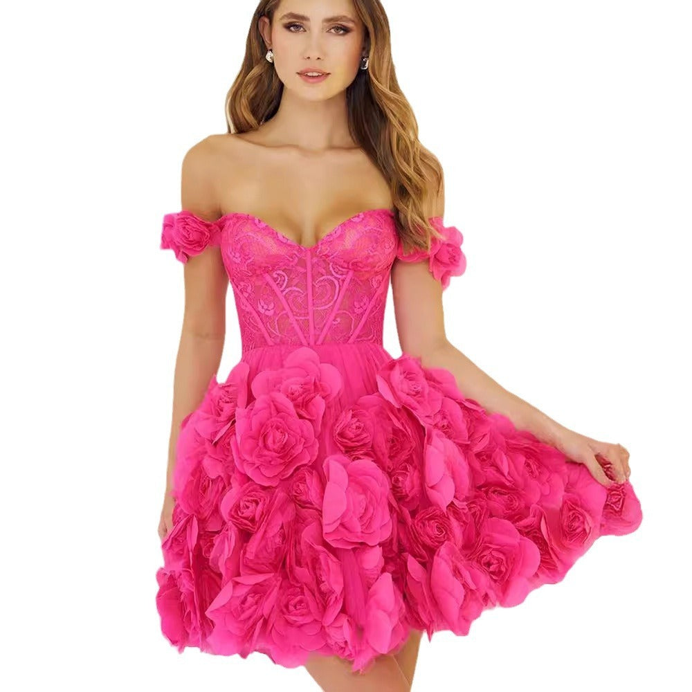 Handmade Gauze Flower Mini Dress