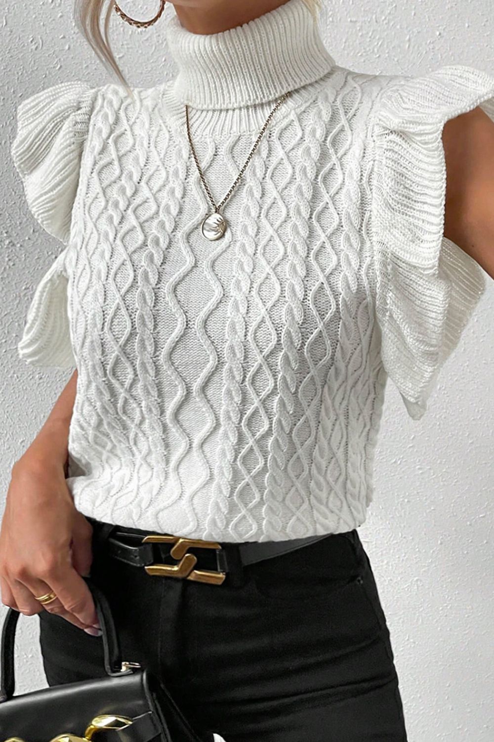 Cable-Knit Turtleneck Cap Sleeve Sweater - US Only