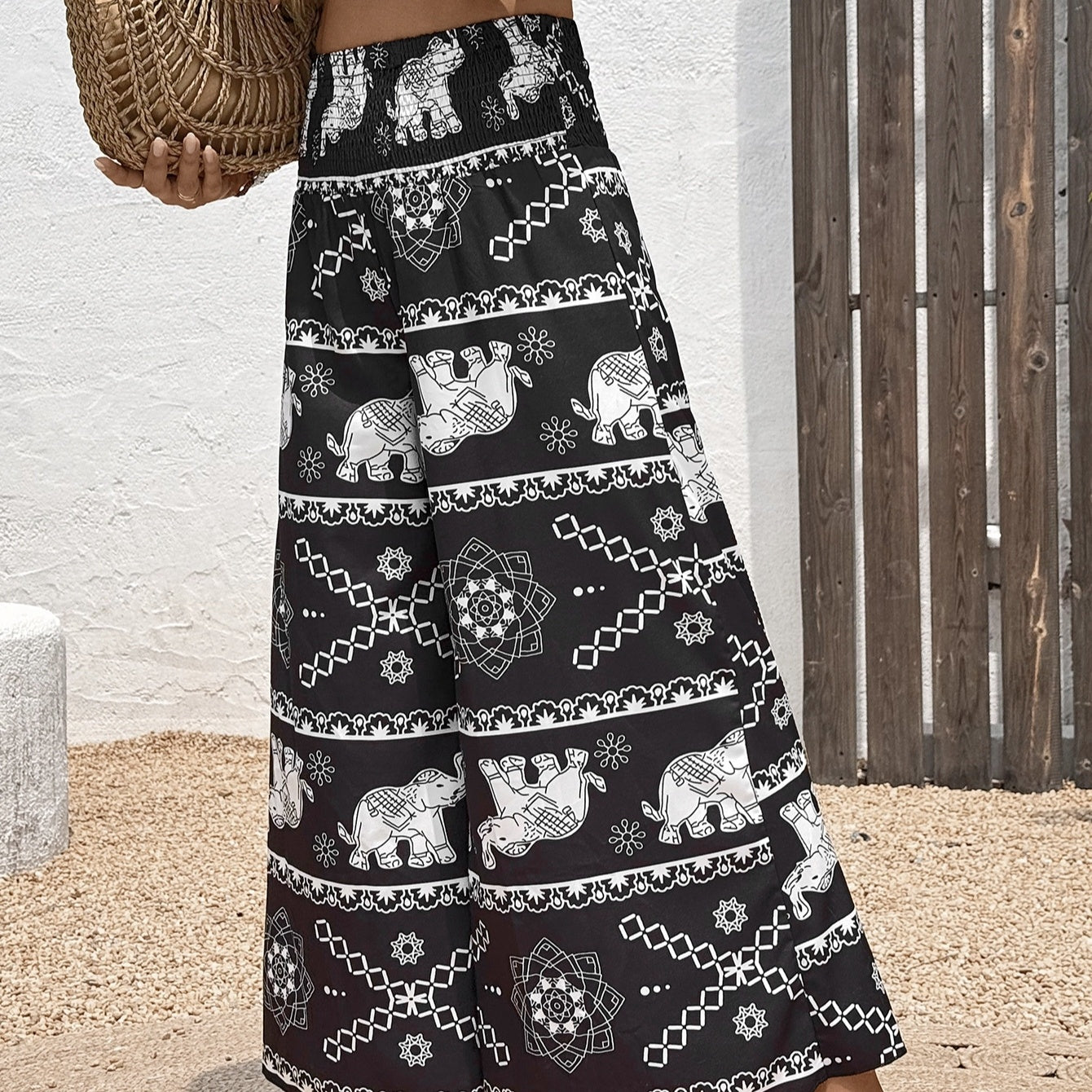 Elephant Print Pleated Wide-Leg Pants - US Only