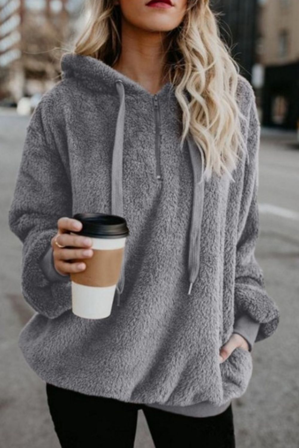 Quarter-Zip Drawstring Teddy Hoodie - US Only