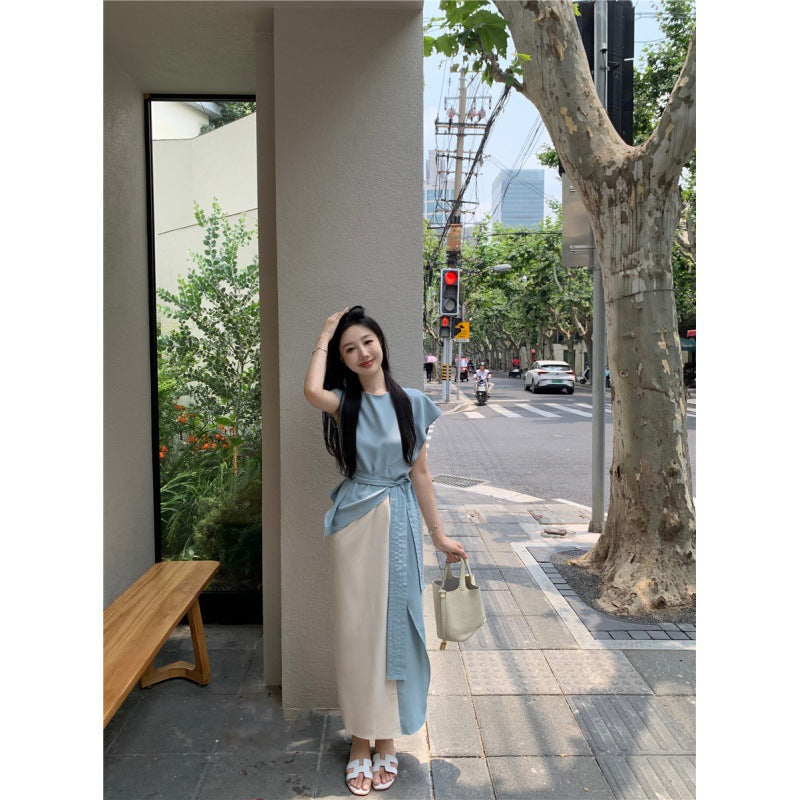 Gentle-Design Two-Piece Patchwork Cinched Tie Slim-Fit Dress