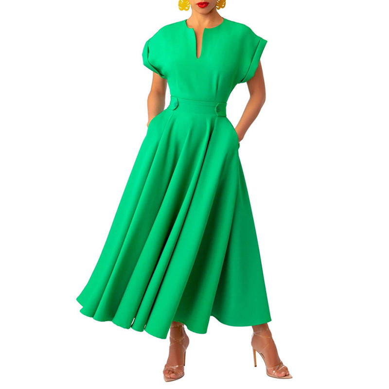Elegance Retro-Style V-Neck Sleeve Waist-Tight Dress