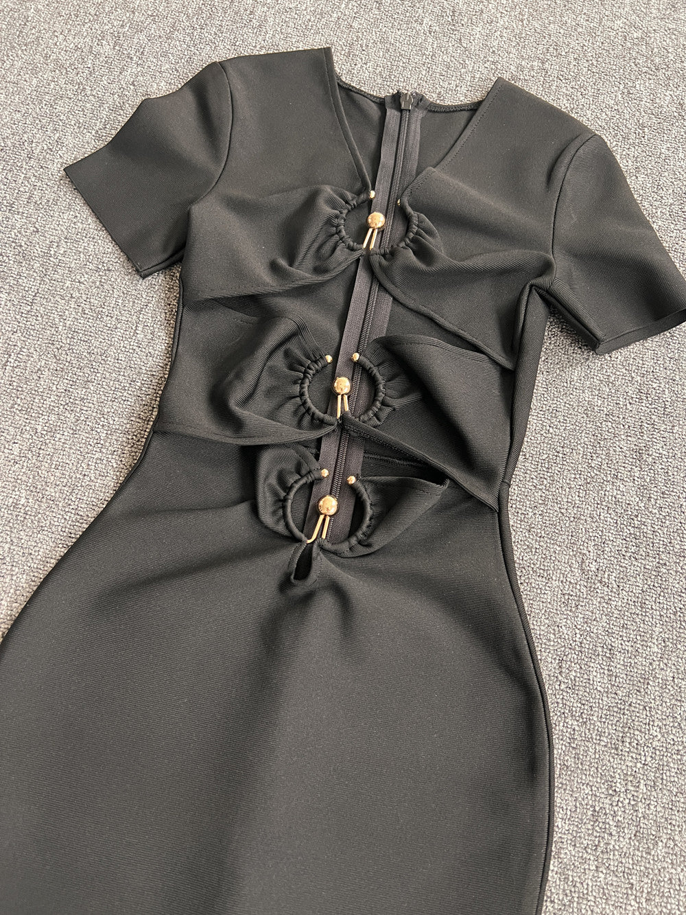 High-Grade Metal Accessories Elegant Long Slim-Fit Short-Sleeve Bandage One-Piece Dress