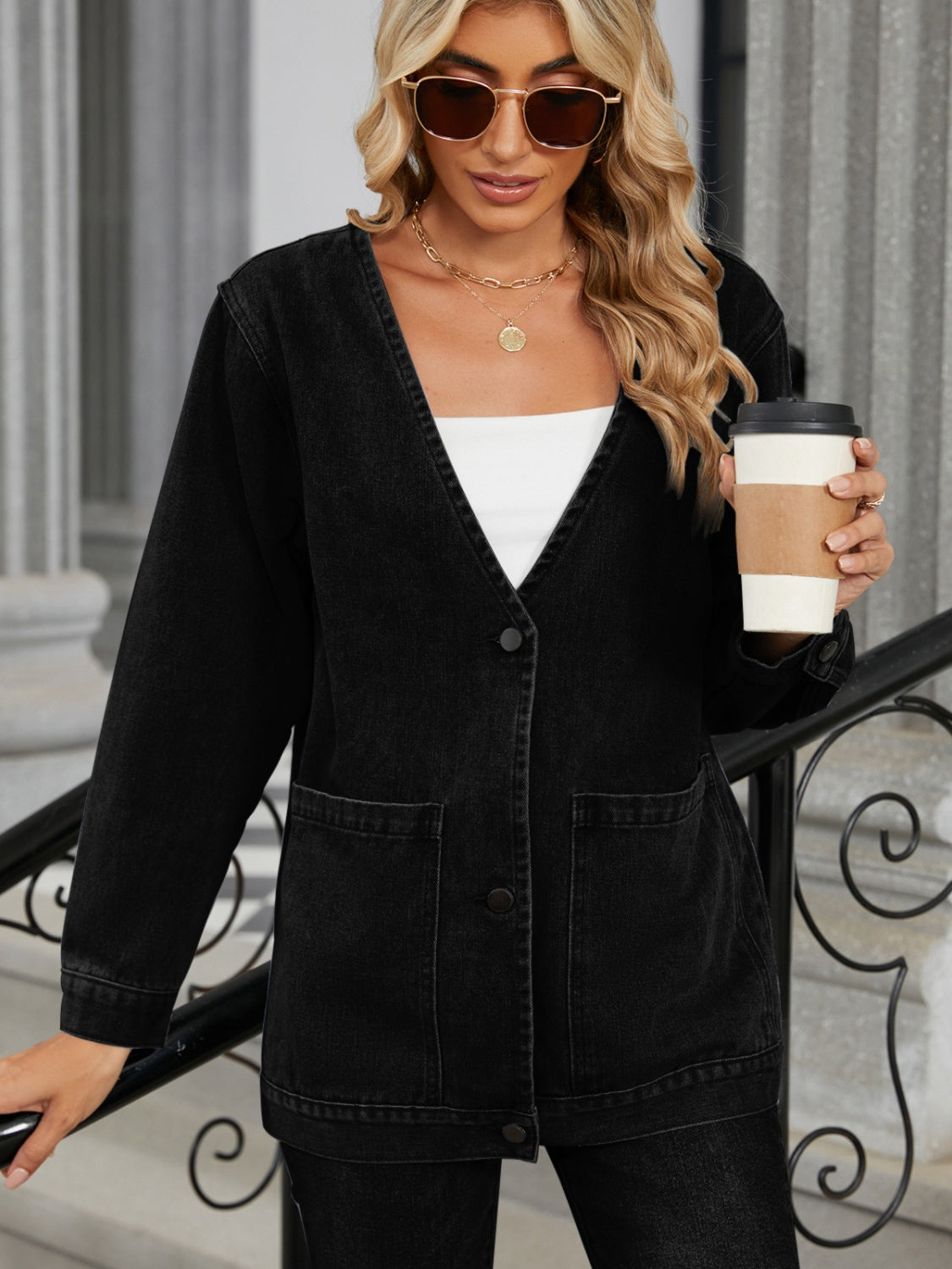 Pocketed V-Neck Button-Up Denim Jacket - US Only