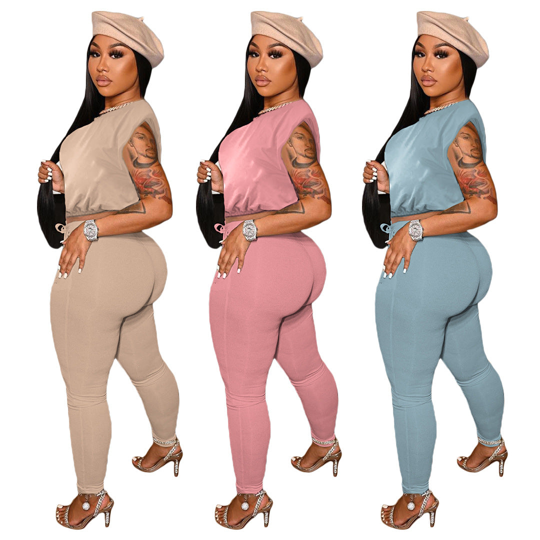 Tight Sleeveless Padded Shoulder T-Shirt String Pocket Two-Piece Set