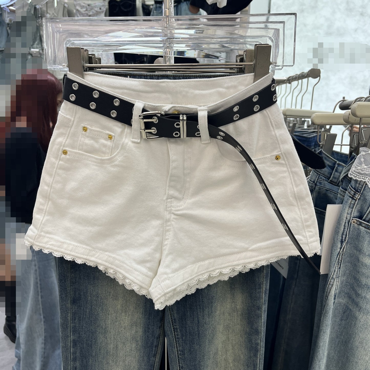 Lace-Edge Denim Shorts