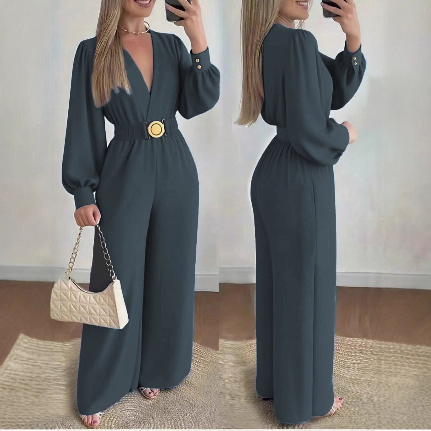 Women's Slim-fit Fashionable Deep V-Neck Jumpsuit