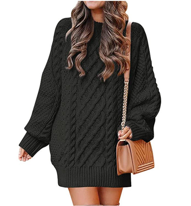 Women's Round-Neck Long-Sleeve Twisted Knitted Mid-Length Dress Sweater