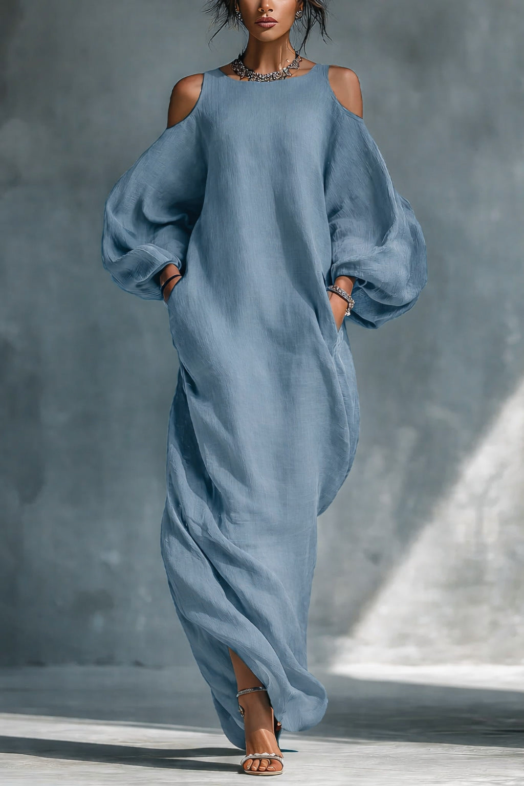 Long-sleeve Off-shoulder Midi Dress Mid-waist Pullover Style