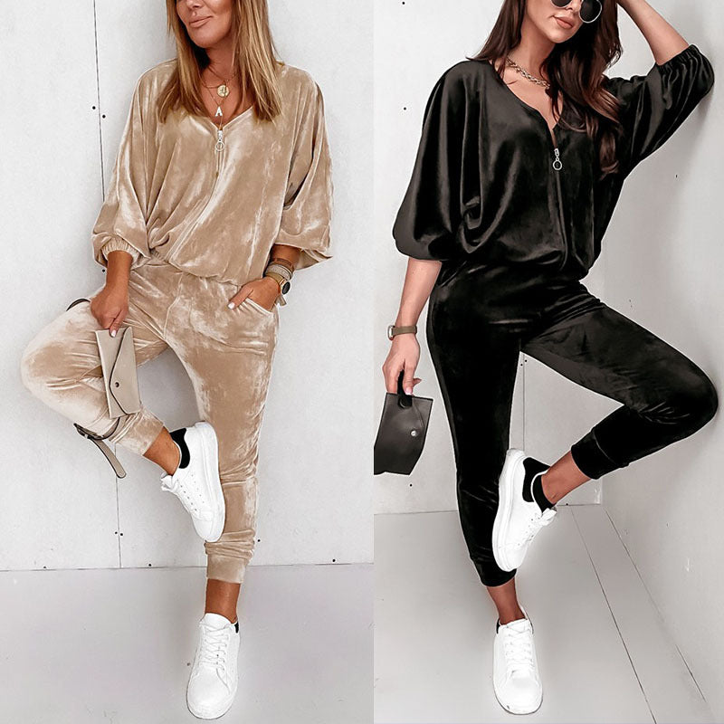 New*****!!! - Gold Velvet Long-Sleeved Trousers for Women - Solid Colour